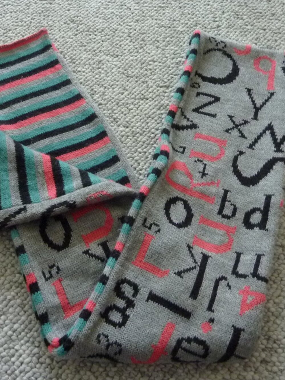 $118 Nordstrom Neck Scarf Pink Teal Black Grey Alphabet Striped 75" L - Warm!